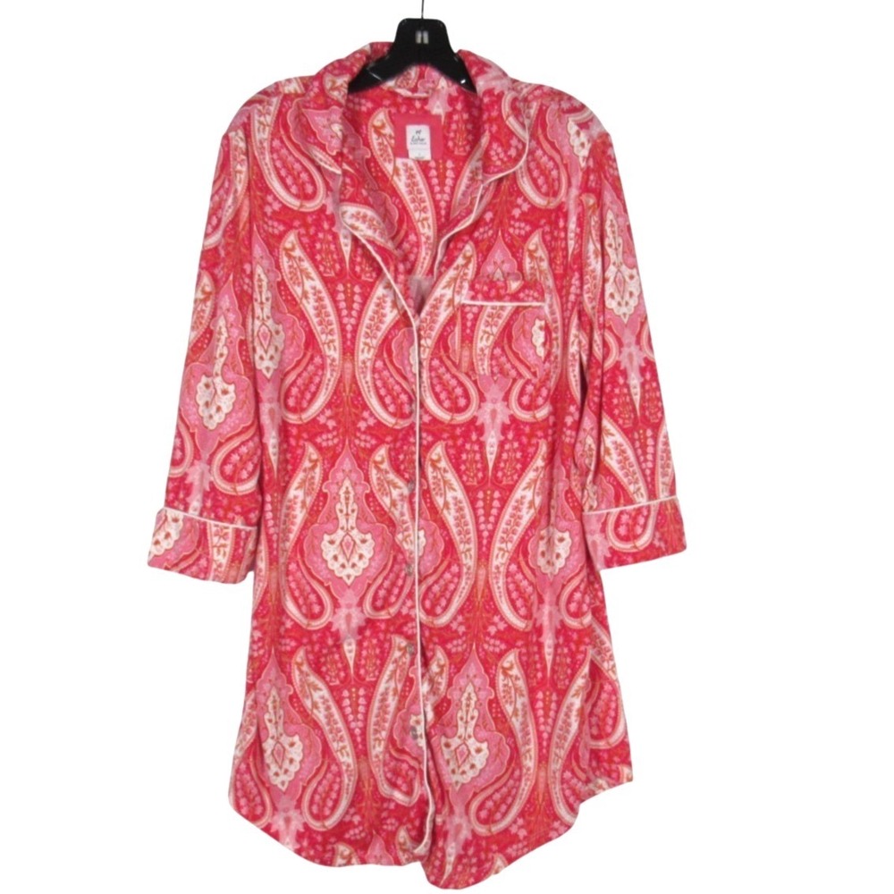 ECHO SLEEPWEAR Red/Pink PAISLEY Button-Up LOUNGE Knit NIGHTGOWN/NIGHTSHIRT Sz L